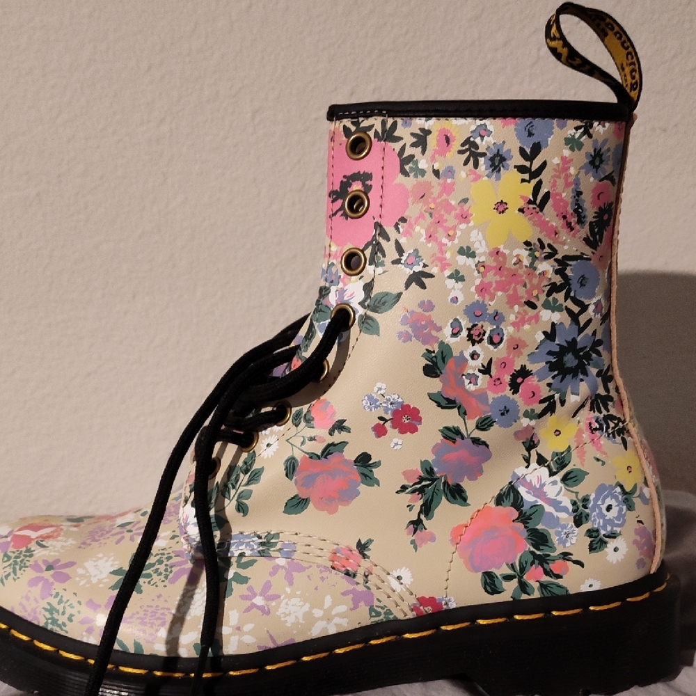 Dr. Martens Pink and Yellow Combat Boots Floral Design